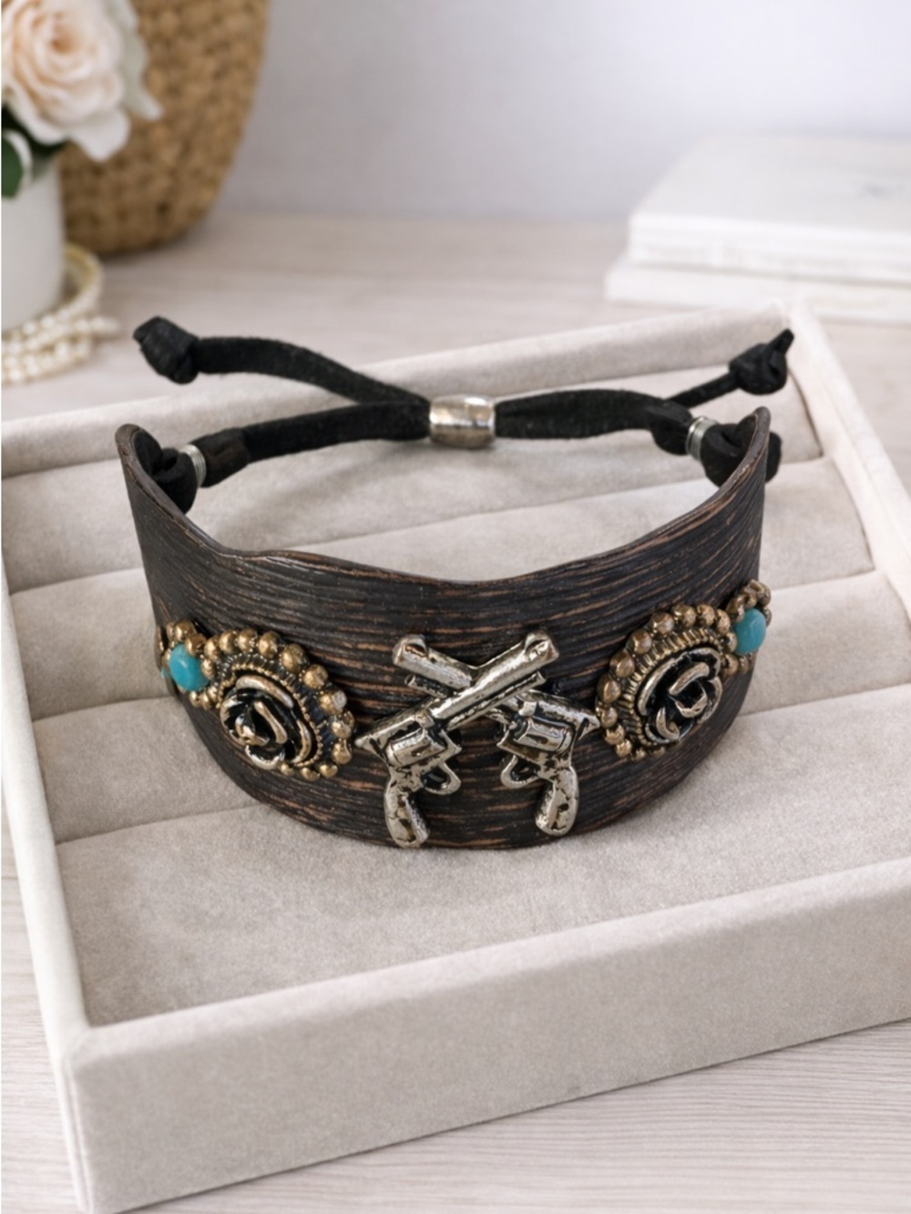 Turquoise & Rose Studs Western Style Black Bronze Copper Metal Cuff Bracelet